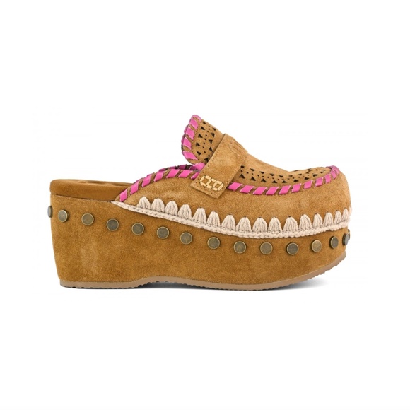 Free People Shoes - Mou | Leather Overstitching Suede Clogs - Cognac & Pink - 60mm Wedge